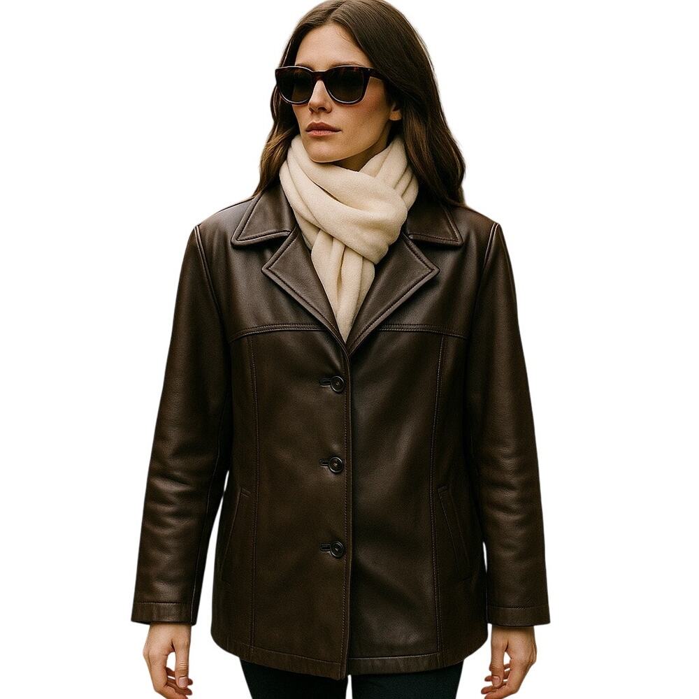 Siena Genuine Leather Jacket Chocolate Brown XL Button Front Mid-Length Coat